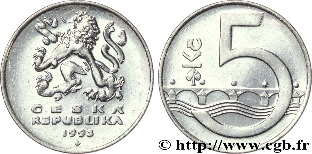 TSCHECHISCHE REPUBLIK 5 Korun lion tchèque / pont Charles de Pragues 1993 Royal Canadian Mint, Winnipeg VZ 