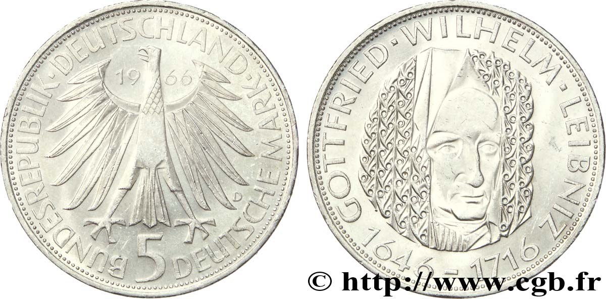 GERMANY 5 Mark aigle héraldique / le philosophe et mathématicien Gottfried Wilhelm Leibniz 1966 Munich - D AU 