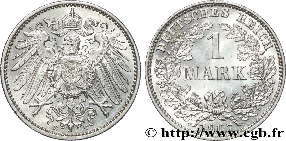 ALEMANIA 1 Mark Empire aigle impérial 2e type 1907 Muldenhütten - E EBC 
