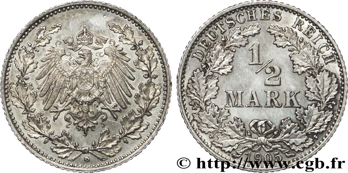 ALEMANIA 1/2 Mark Empire aigle impérial 1905 Munich - D EBC 