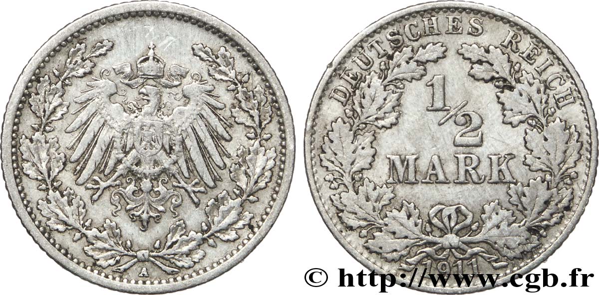 GERMANIA 1/2 Mark Empire aigle impérial 1911 Berlin BB 