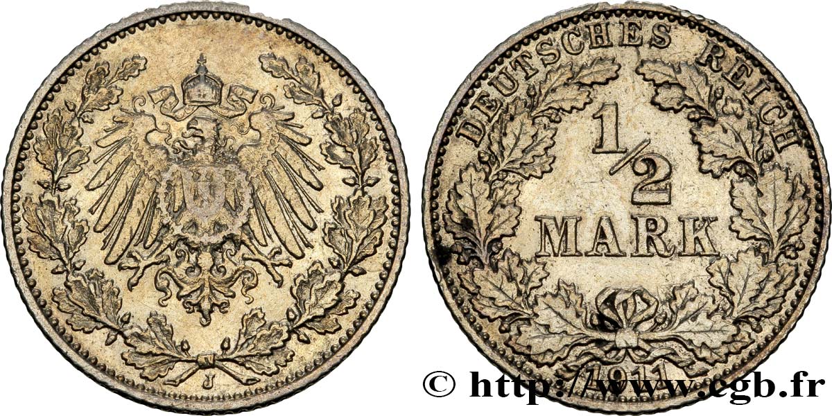 DEUTSCHLAND 1/2 Mark Empire aigle impérial 1911 Hambourg - J SS 