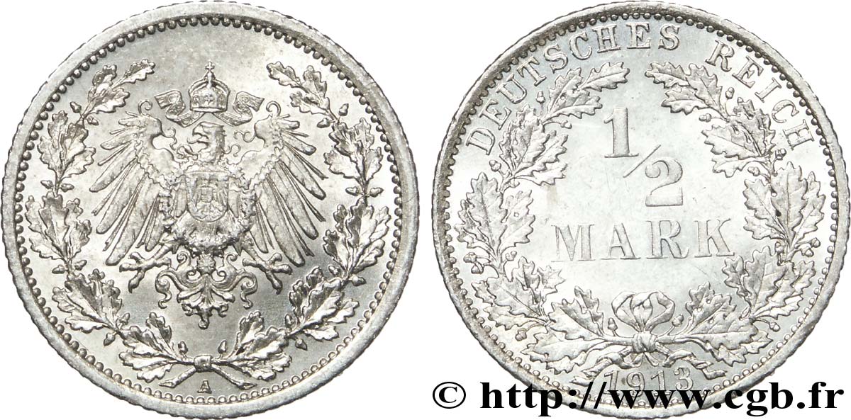 GERMANIA 1/2 Mark Empire aigle impérial 1913 Berlin MS 