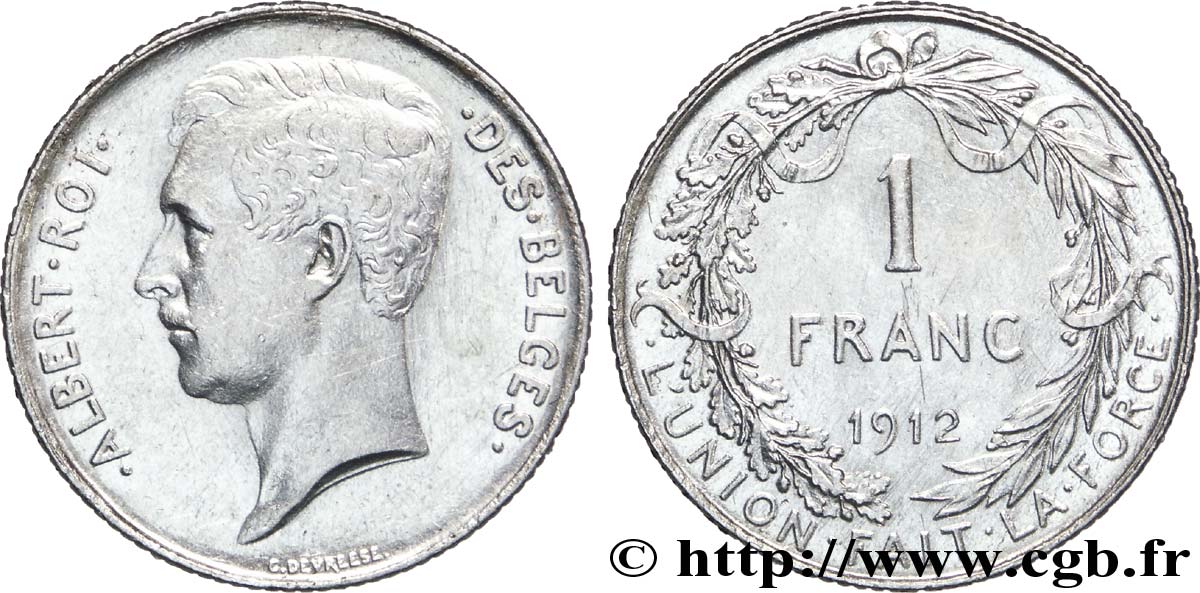 BELGIEN 1 Franc Albert Ier légende française 1912  fVZ 