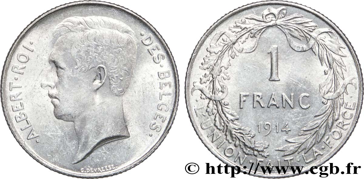BELGIUM 1 Franc Albert Ier légende française 1914  AU 