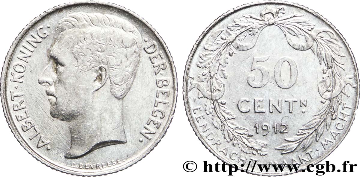 BELGIQUE 50 Centimes Albert Ier légende en flamand 1912 fwo_185370