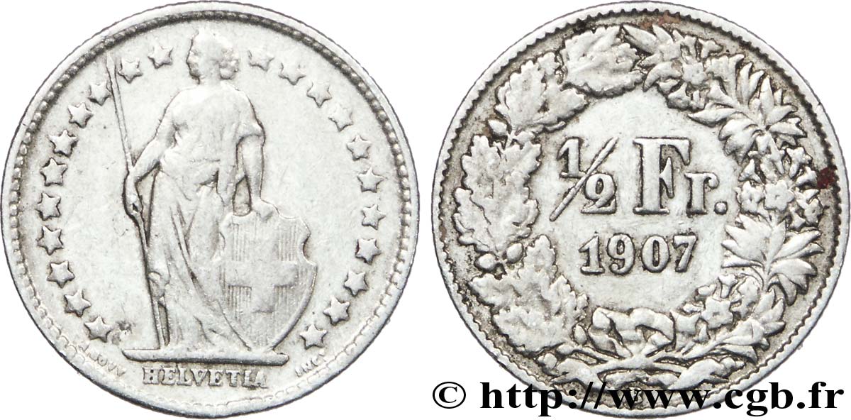 SWITZERLAND 1/2 Franc Helvetia 1907 Berne - B VF 