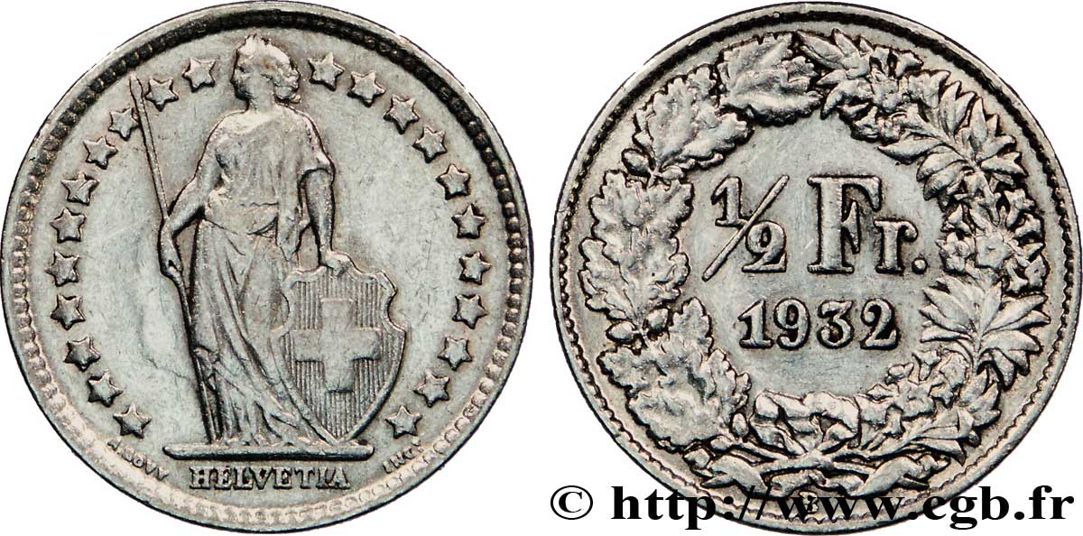 SWITZERLAND 1/2 Franc Helvetia 1932 Berne - B XF 