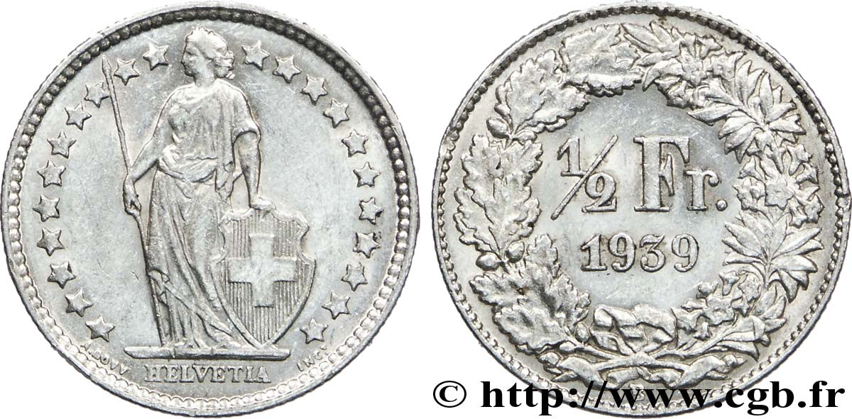 SWITZERLAND 1/2 Franc Helvetia 1939 Berne - B AU 