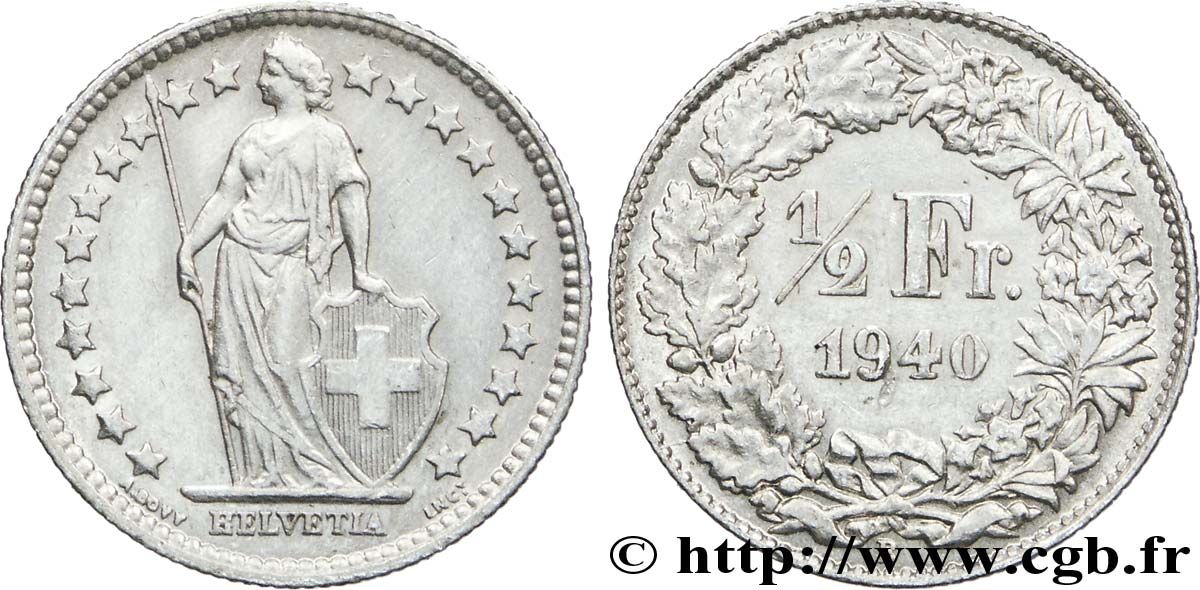 SWITZERLAND 1/2 Franc Helvetia 1940 Berne - B AU 
