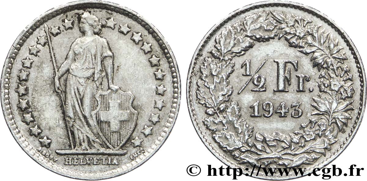 SWITZERLAND 1/2 Franc Helvetia 1943 Berne - B AU 