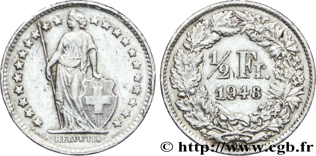 SWITZERLAND 1/2 Franc Helvetia 1948 Berne - B XF 