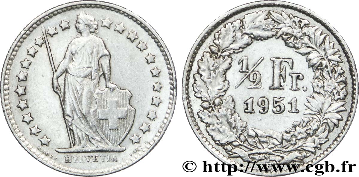 SWITZERLAND 1/2 Franc Helvetia 1951 Berne - B AU 