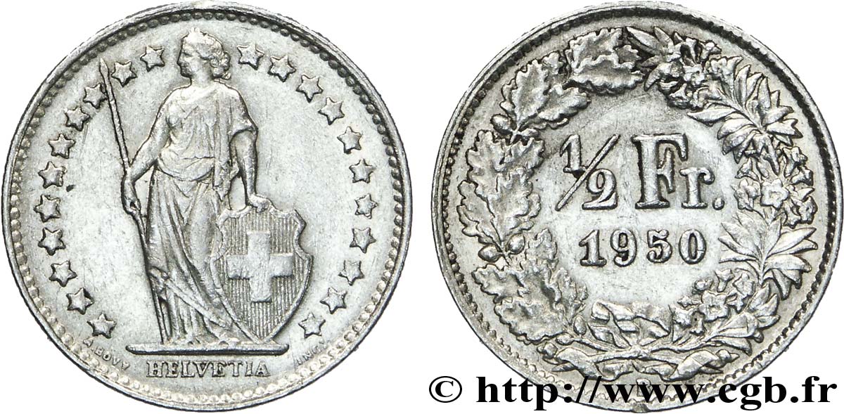 SWITZERLAND 1/2 Franc Helvetia 1950 Berne - B AU 