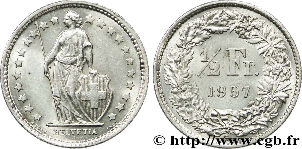 SUIZA 1/2 Franc Helvetia 1957 Berne - B EBC 