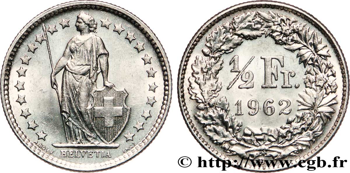 SWITZERLAND 1/2 Franc Helvetia 1962 Berne - B MS 