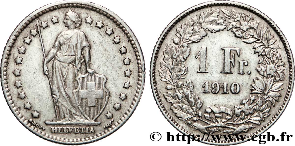 SWITZERLAND 1 Franc Helvetia 1910 Berne - B XF 