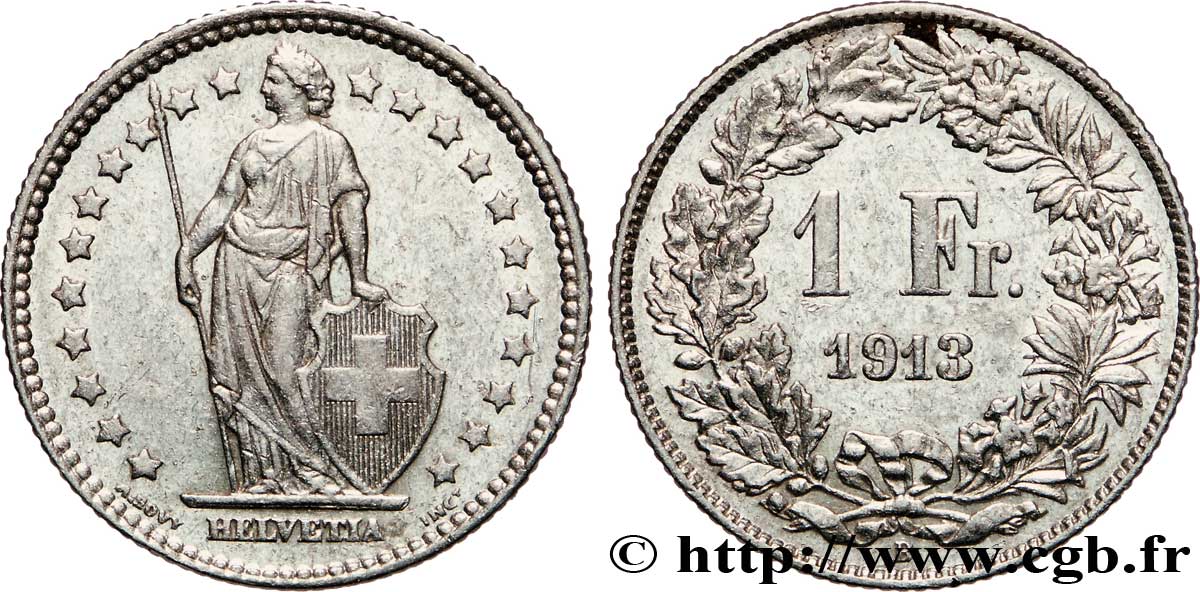 SWITZERLAND 1 Franc Helvetia 1913 Berne - B XF 