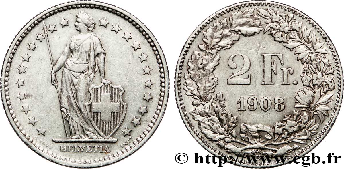 SWITZERLAND 2 Francs Helvetia 1908 Berne - B XF 