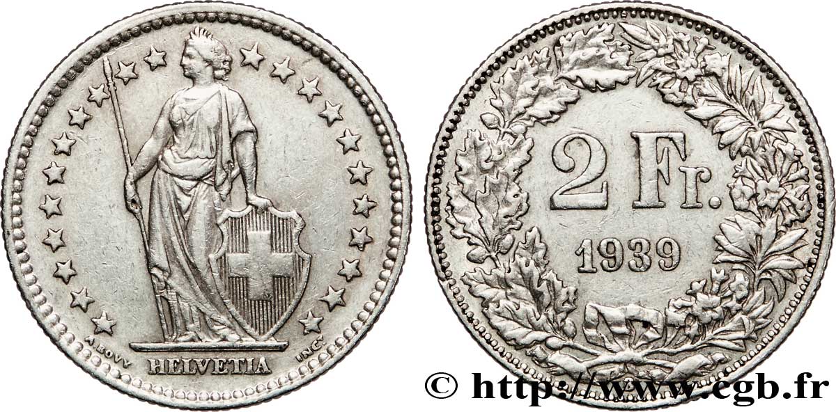 SCHWEIZ 2 Francs Helvetia 1939 Berne - B SS 