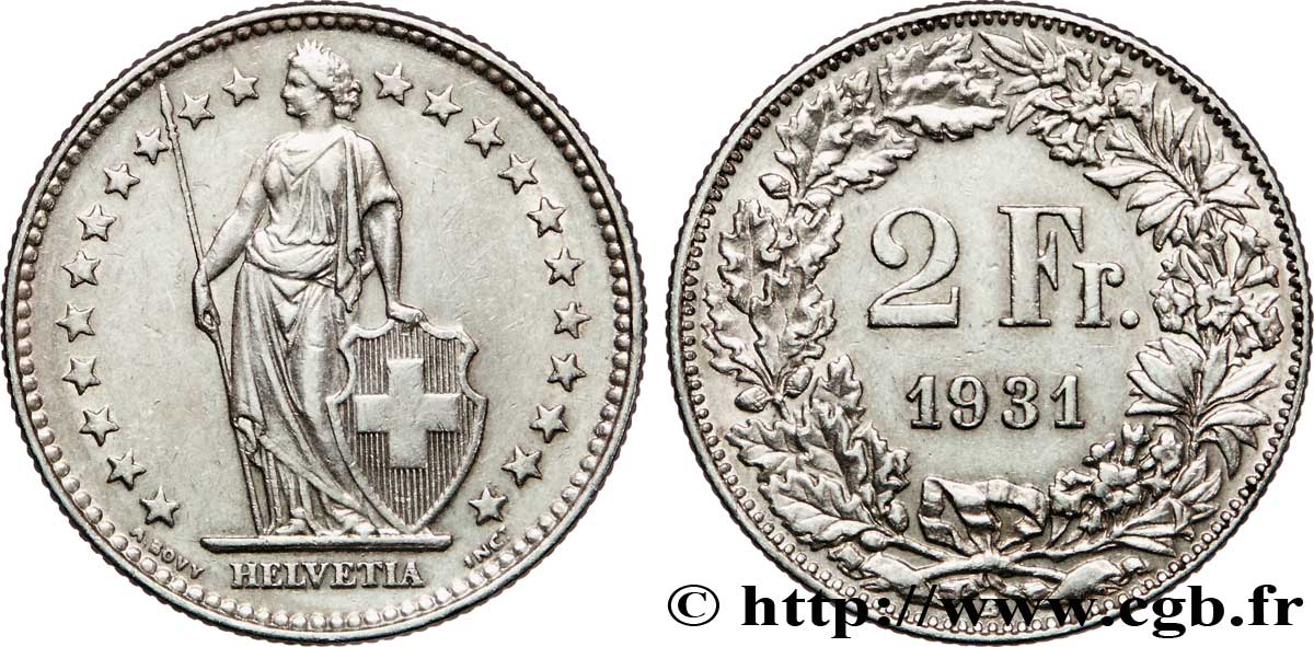 SWITZERLAND 2 Francs Helvetia 1931 Berne - B XF 