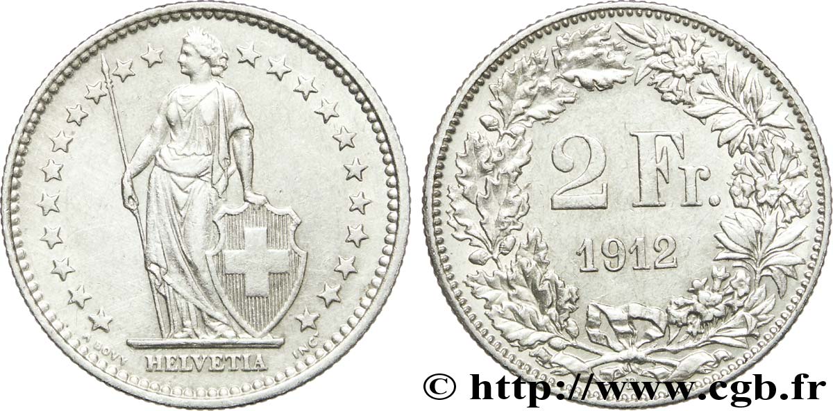 SWITZERLAND 2 Francs Helvetia 1912 Berne - B AU 
