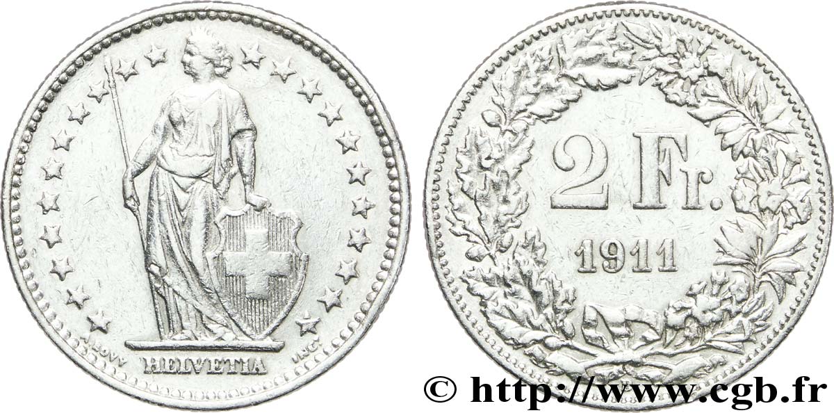 SWITZERLAND 2 Francs Helvetia 1911 Berne - B VF 