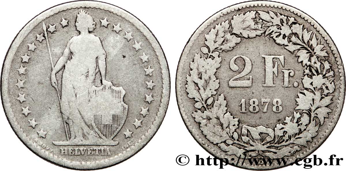 SVIZZERA  2 Francs Helvetia 1878 Berne - B MB 