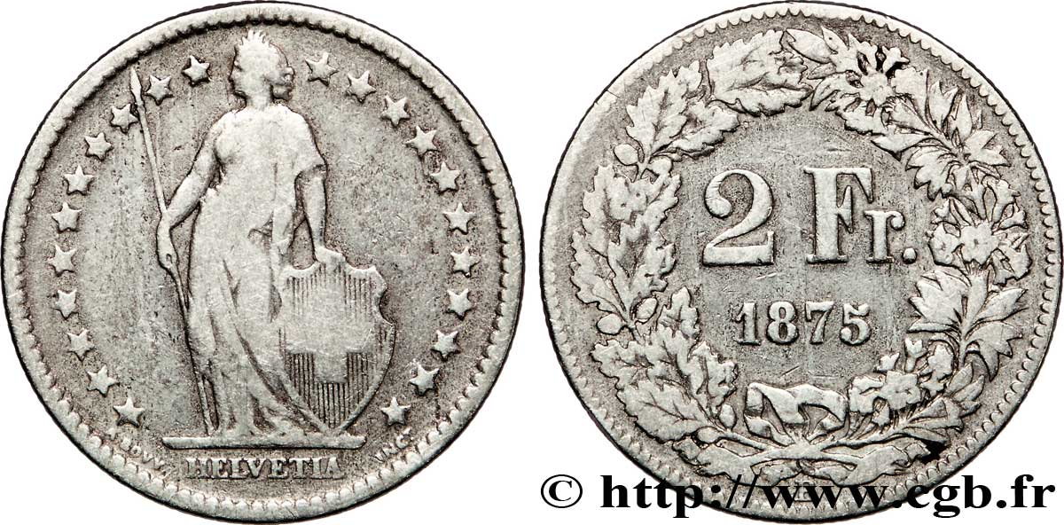 SWITZERLAND 2 Francs Helvetia 1875 Berne VF 