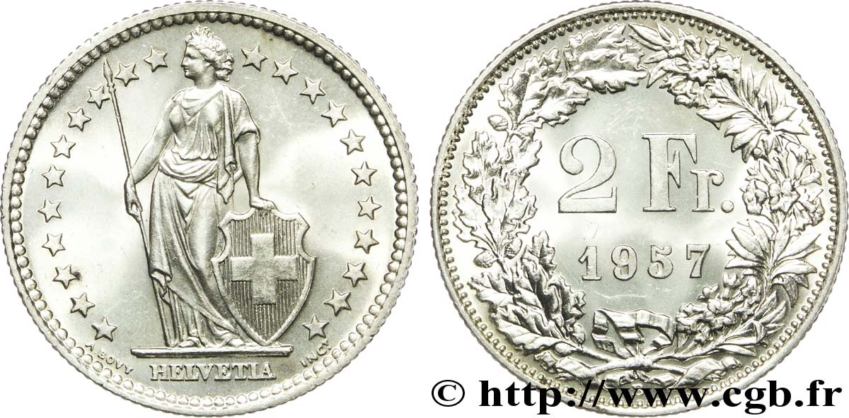 SWITZERLAND 2 Francs Helvetia 1957 Berne - B MS 