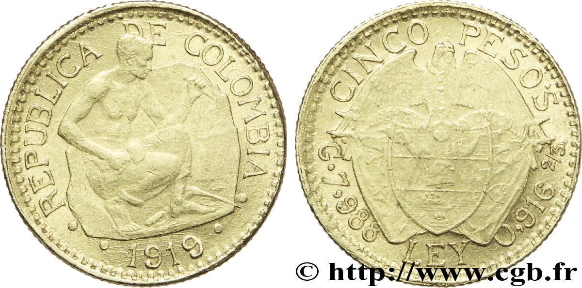KOLUMBIEN 5 Pesos or emblème / mineur 1919 Bogota fVZ 