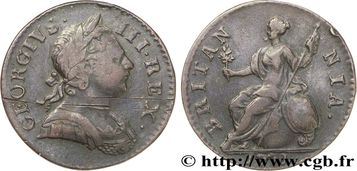 VEREINIGTEN KÖNIGREICH 1/2 Penny Georges III tête laurée / Britannia 1771  S 
