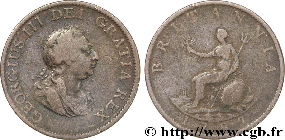 VEREINIGTEN KÖNIGREICH 1/2 Penny Georges III tête laurée / Britannia 1799 Soho S 