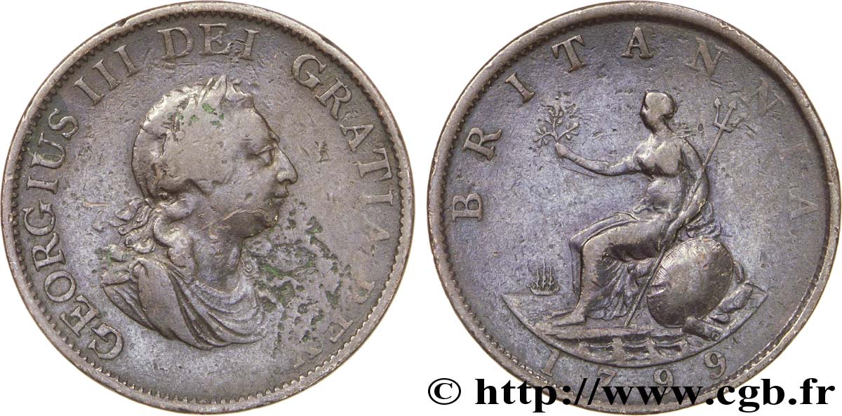 VEREINIGTEN KÖNIGREICH 1/2 Penny Georges III tête laurée / Britannia 1799 Soho S 