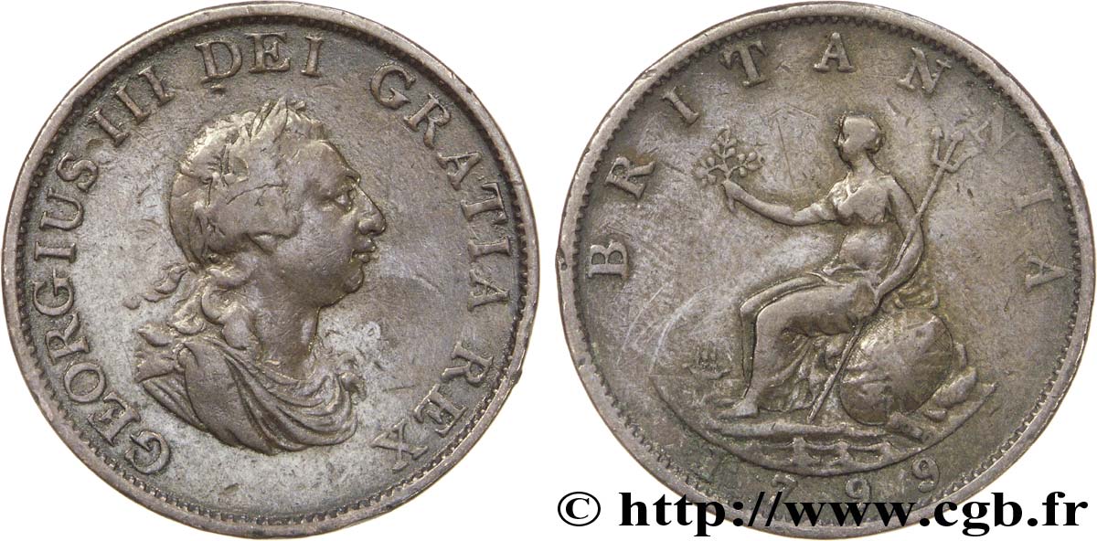 VEREINIGTEN KÖNIGREICH 1/2 Penny Georges III tête laurée / Britannia 1799 Soho fSS 