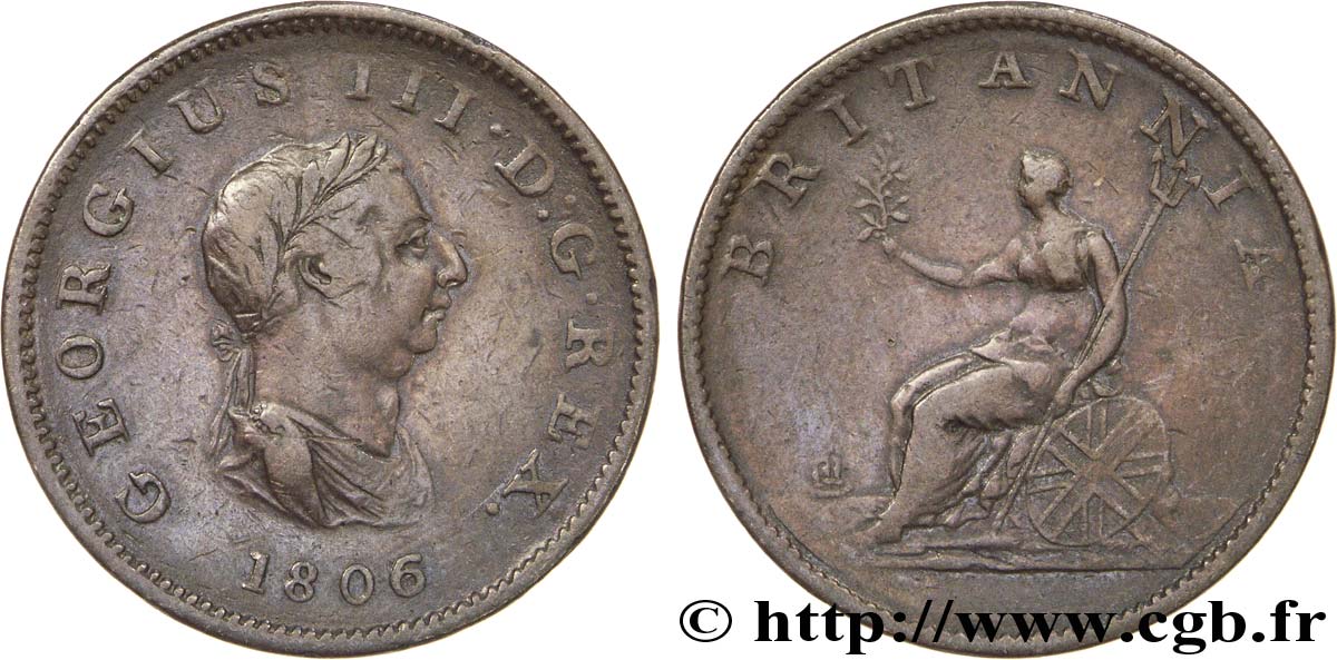 REINO UNIDO 1/2 Penny Georges III tête laurée 1806  BC+ 