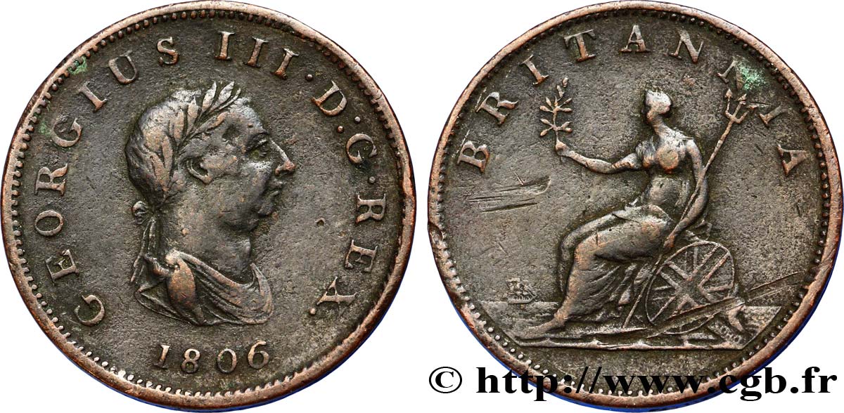 VEREINIGTEN KÖNIGREICH 1/2 Penny Georges III tête laurée / Britannia 1806  fSS 