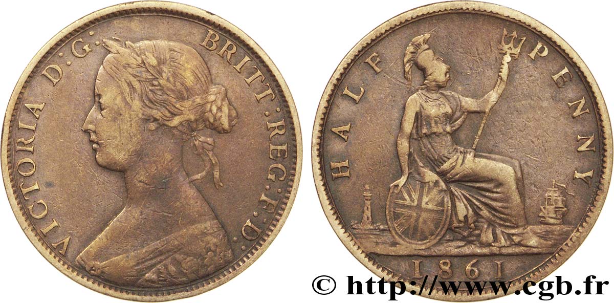 UNITED KINGDOM 1/2 Penny Victoria “Bun Head” 1861  VF 