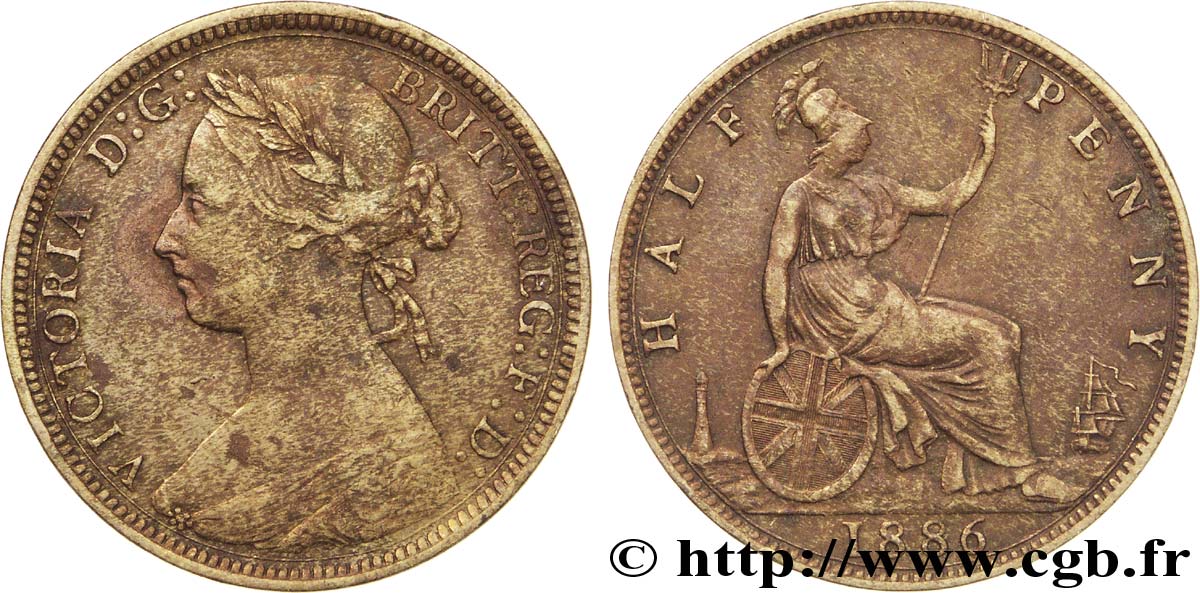 UNITED KINGDOM 1/2 Penny Victoria “Bun Head” 1886  VF 