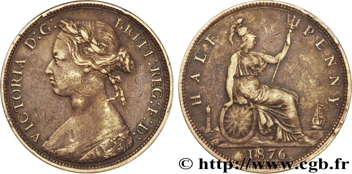 UNITED KINGDOM 1/2 Penny Victoria “Bun Head” 1876 Heaton - H VF 