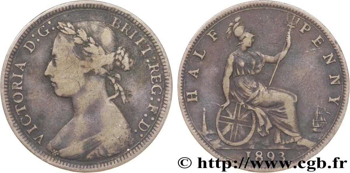 UNITED KINGDOM 1/2 Penny Victoria “Bun Head” 1893  VF 