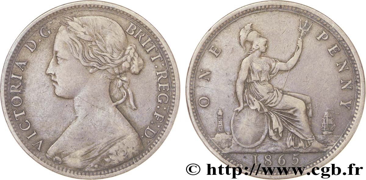 UNITED KINGDOM 1 Penny Victoria “Bun Head” / Britannia 1865  VF 