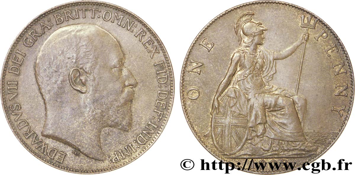 VEREINIGTEN KÖNIGREICH 1 Penny Edouard VII / Britannia 1908  VZ 