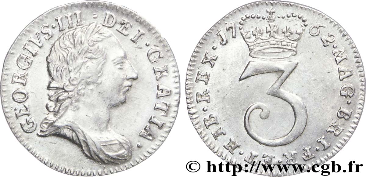 REINO UNIDO 3 Pence Georges III tête laurée 1762  EBC 