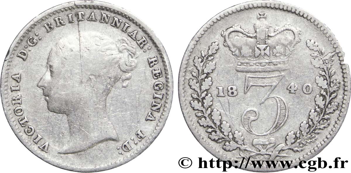 UNITED KINGDOM 3 Pence Victoria “Bun Head” 1840  VF 
