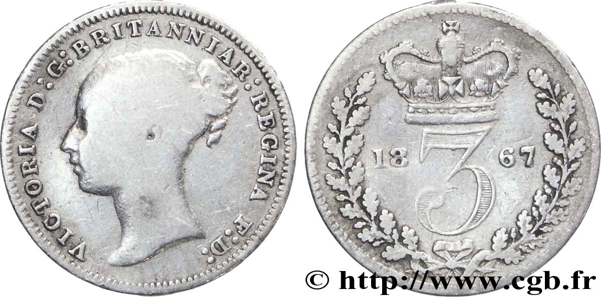 ROYAUME-UNI 3 Pence Victoria “Bun Head” 1867  B+ 