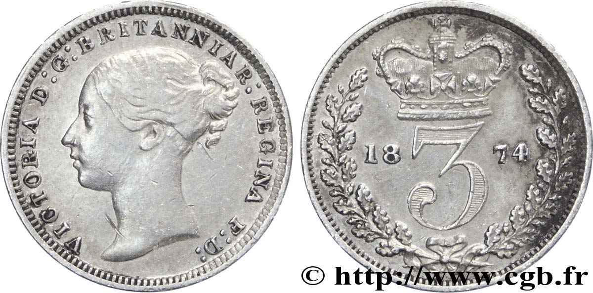 ROYAUME-UNI 3 Pence Victoria “Bun Head” 1874  TTB 