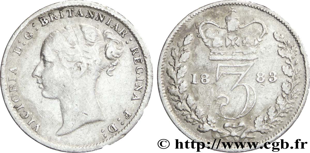 UNITED KINGDOM 3 Pence Victoria “Bun Head” 1883  VF 