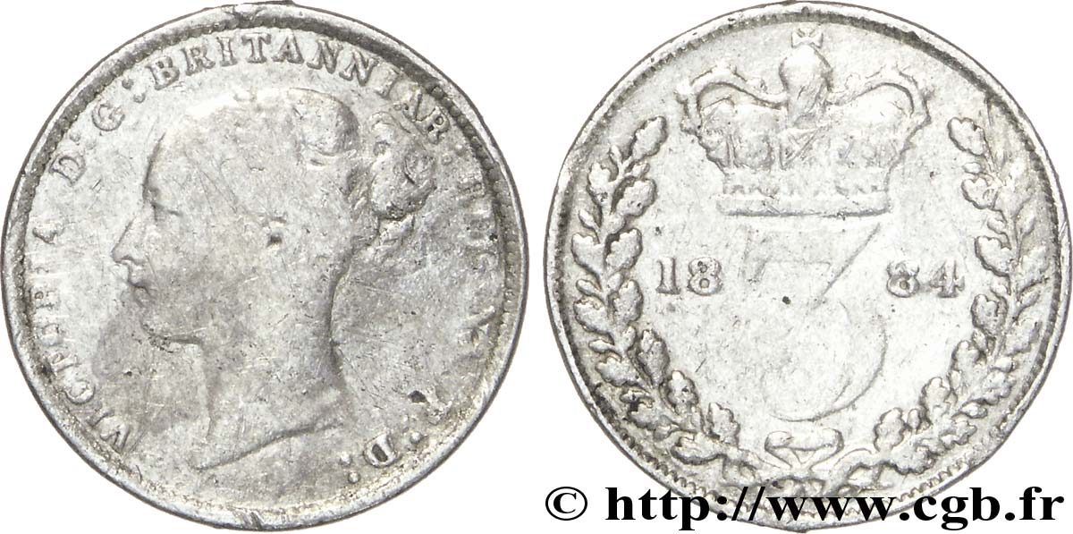 UNITED KINGDOM 3 Pence Victoria “Bun Head” 1884  F 