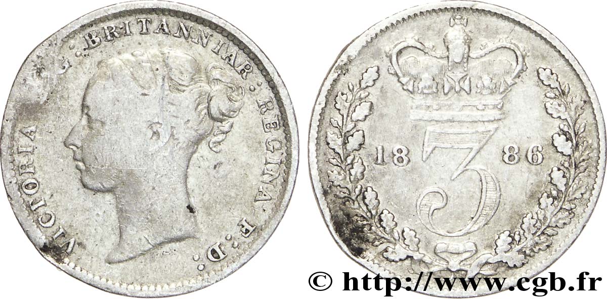 VEREINIGTEN KÖNIGREICH 3 Pence Victoria “Bun Head” 1886  fS 